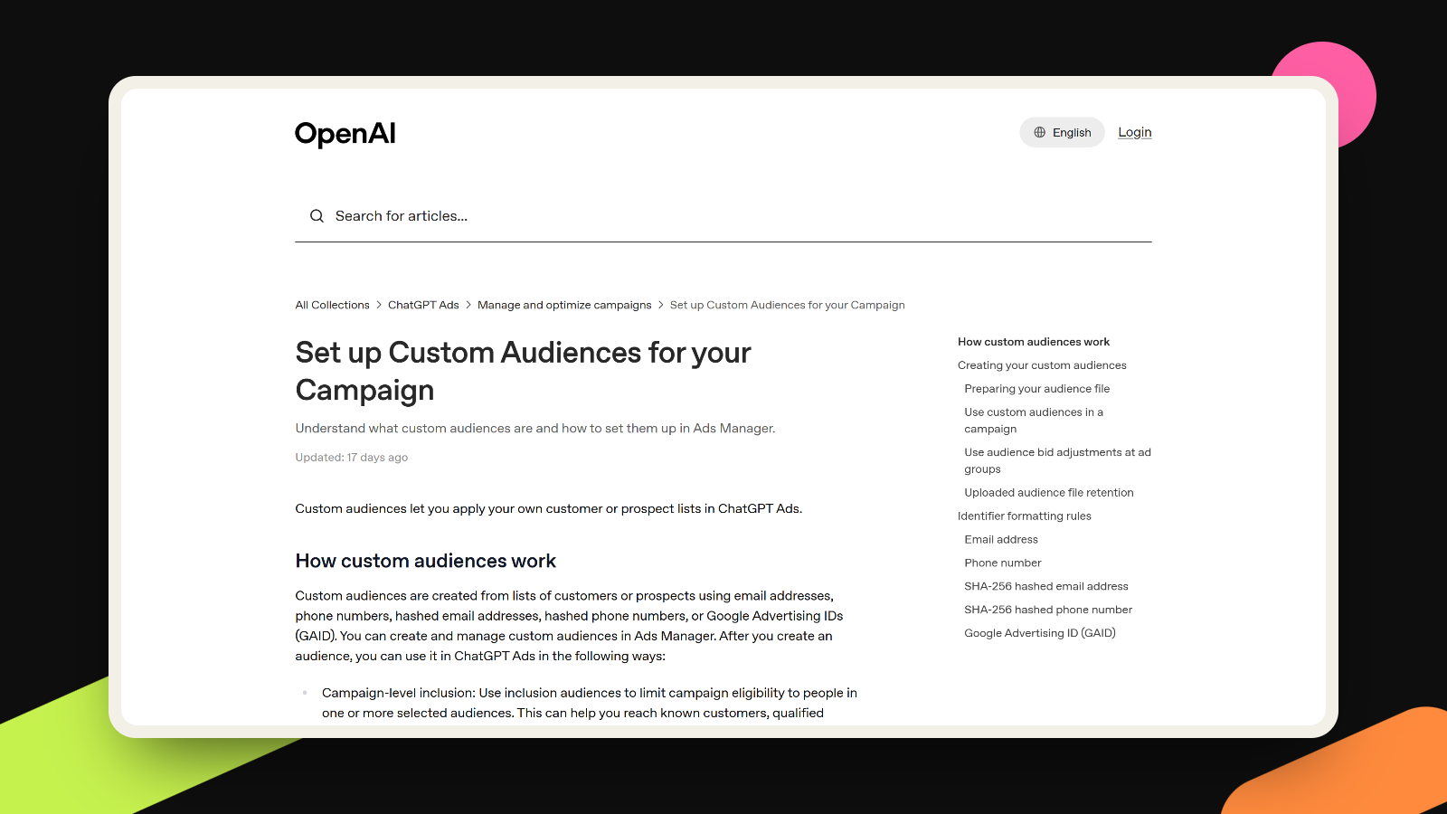 Screenshot of OpenAI's help page Set up Custom Audiences for your Campaign, about ChatGPT Ads.