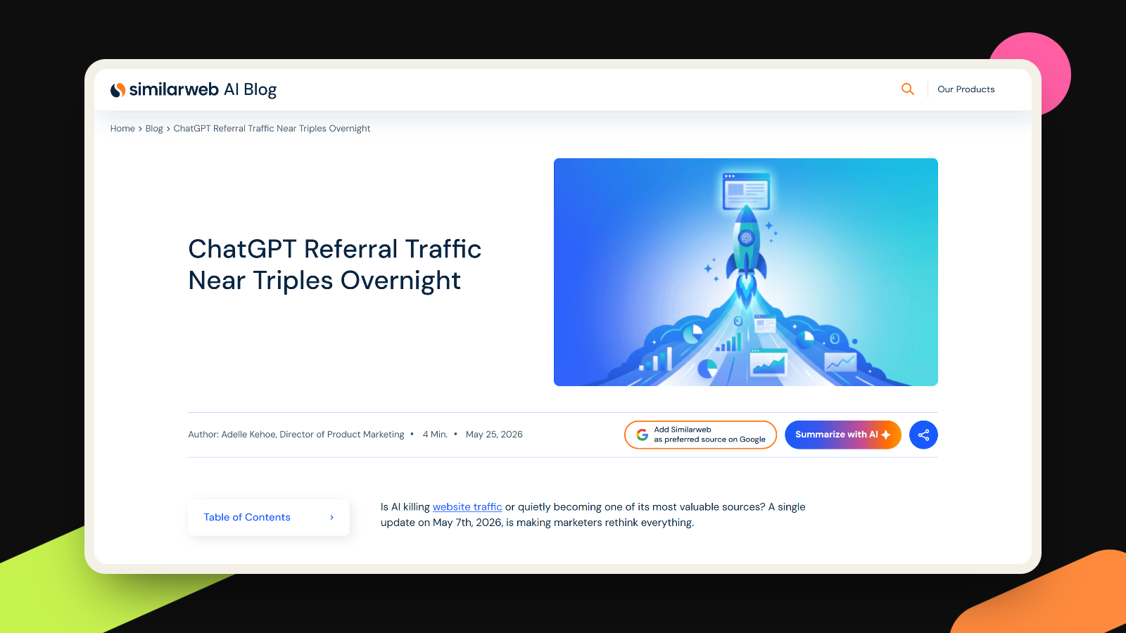 Similarweb research article titled ChatGPT Referral Traffic Near Triples Overnight, dated May 25, 2026