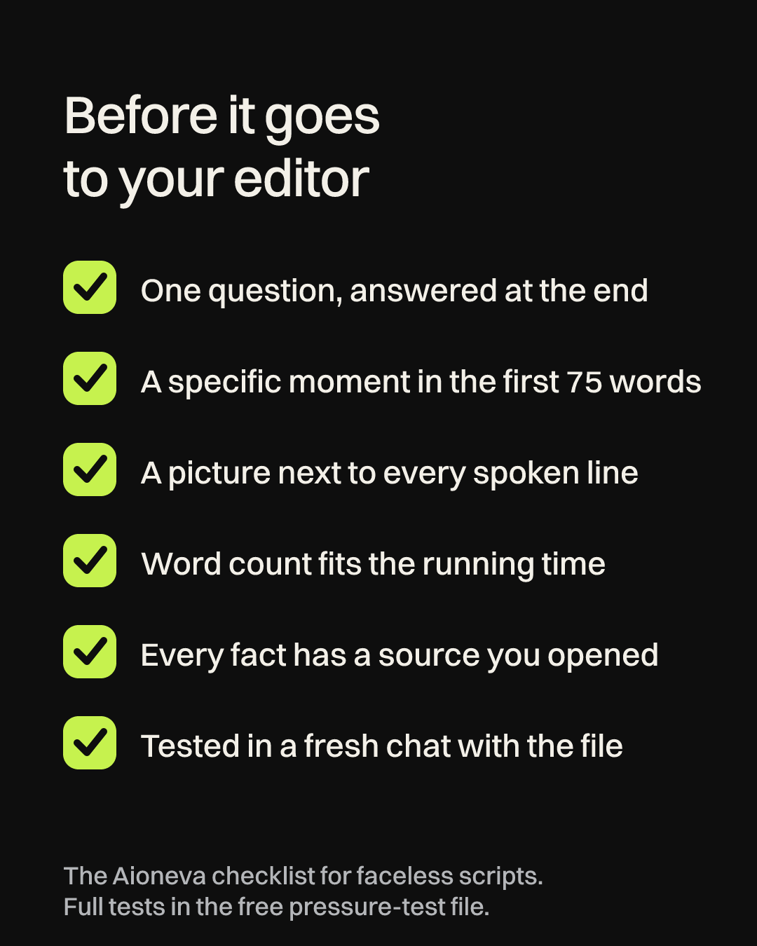 Checklist before a faceless script goes to the editor, six items