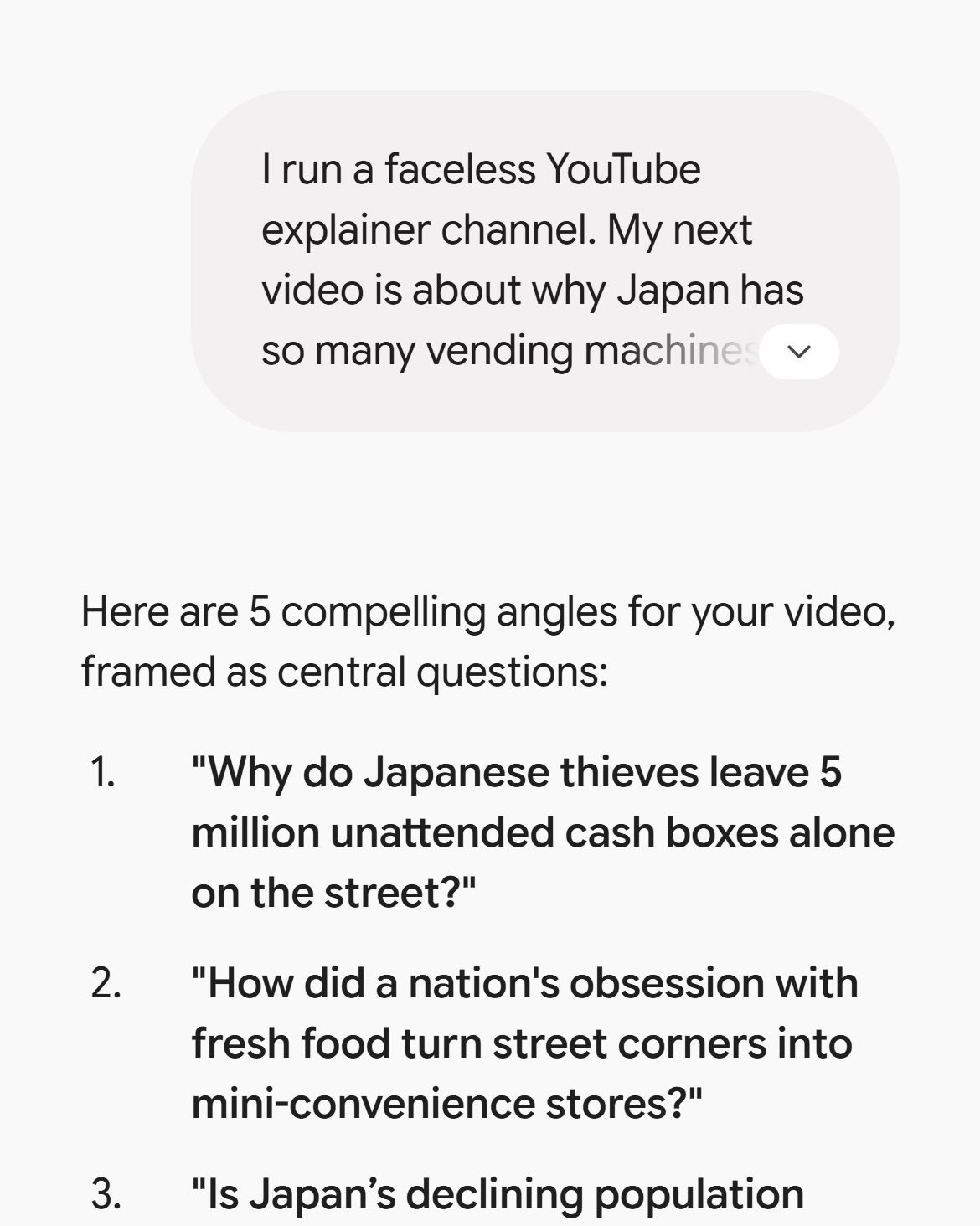 Gemini answer listing five video angles written as questions, the first one claiming 5 million cash boxes