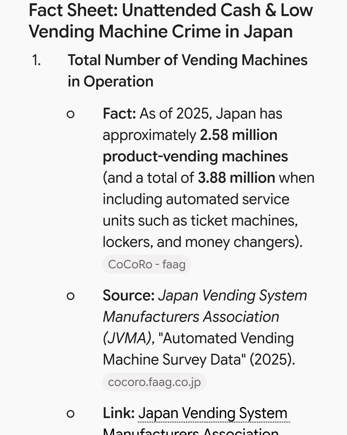 Gemini fact sheet giving 2.58 million product vending machines, with source names and links