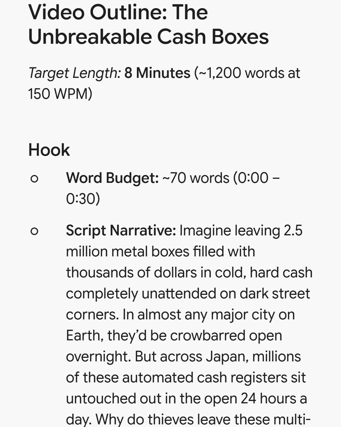 Gemini outline for an 8-minute video with a word budget for the hook