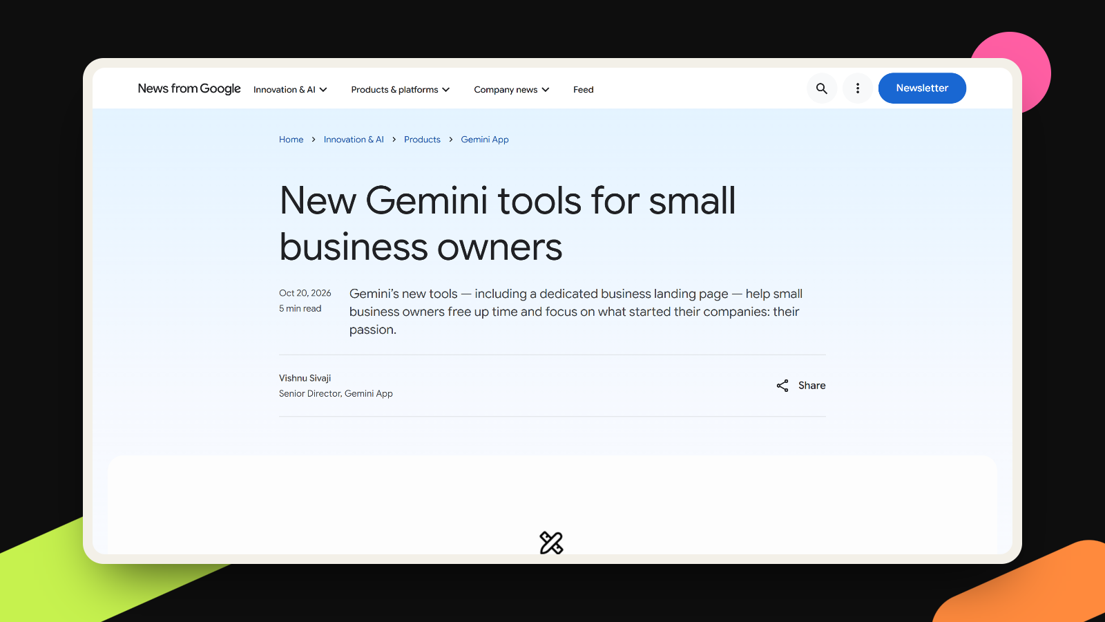 Screenshot of the Google blog post New Gemini tools for small business owners by Vishnu Sivaji, published October 20, 2026.