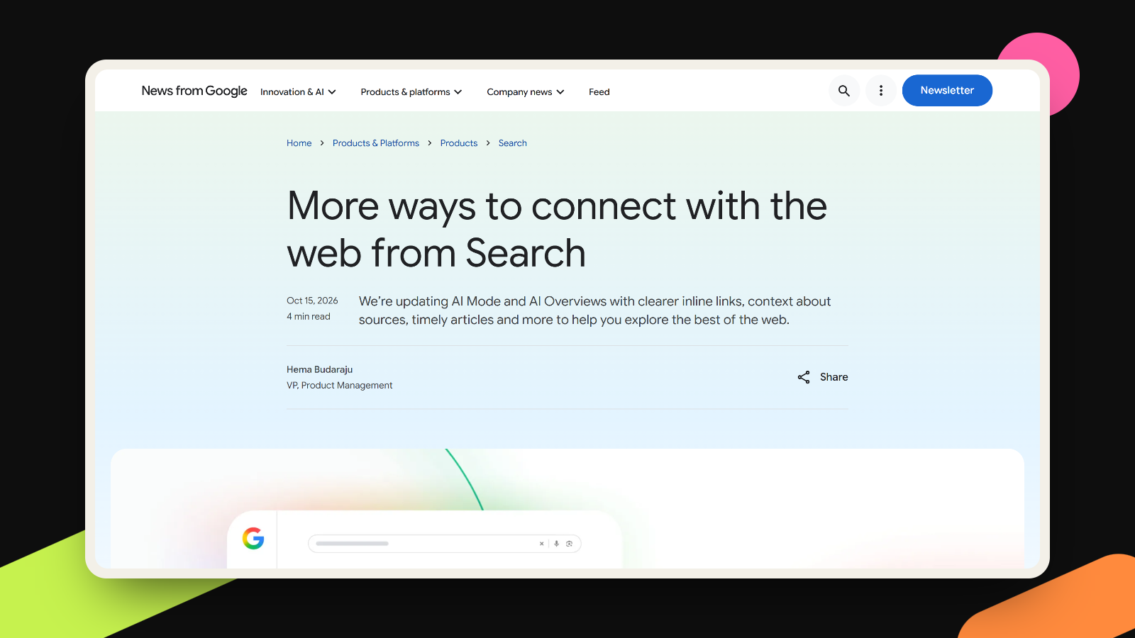 Screenshot of Google's blog post More ways to connect with the web from Search, dated October 15, 2026.