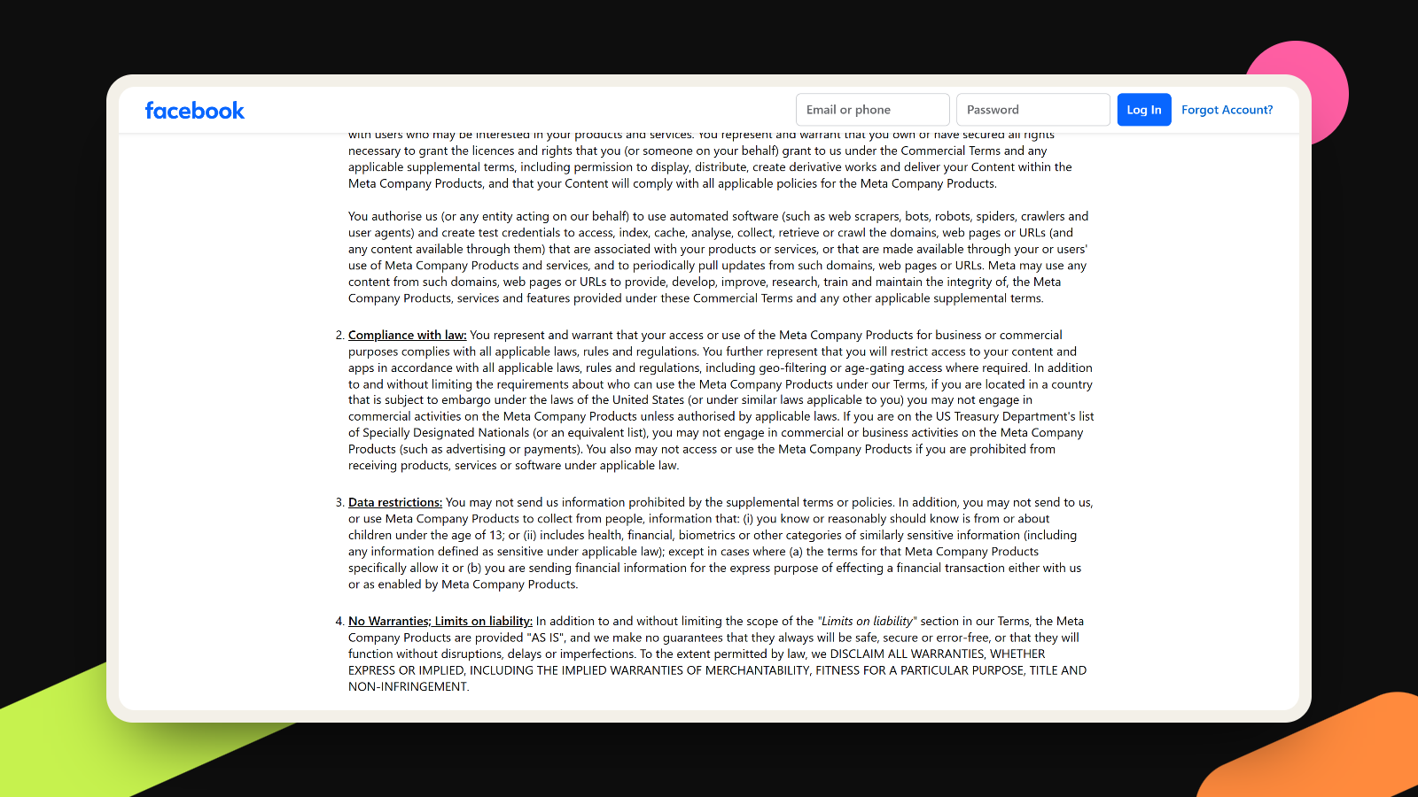 Screenshot of Meta's updated Commercial Terms, showing the clause on crawling business websites, effective October 30, 2026.