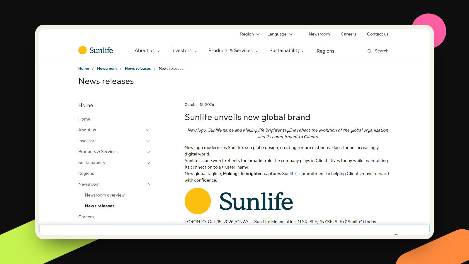 Screenshot of Sunlife's news release Sunlife unveils new global brand, dated October 15, 2026, showing the new logo.
