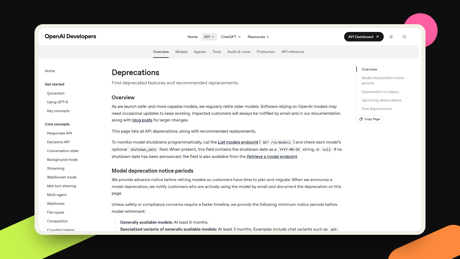 Screenshot of OpenAI's API deprecations page, which lists the models being retired and their replacements.