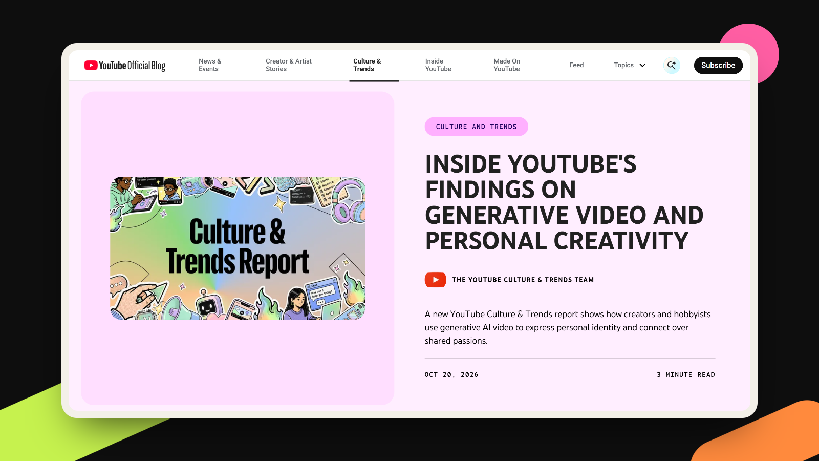 Screenshot of the YouTube Official Blog post Inside YouTube's findings on generative video and personal creativity, dated October 20, 2026.