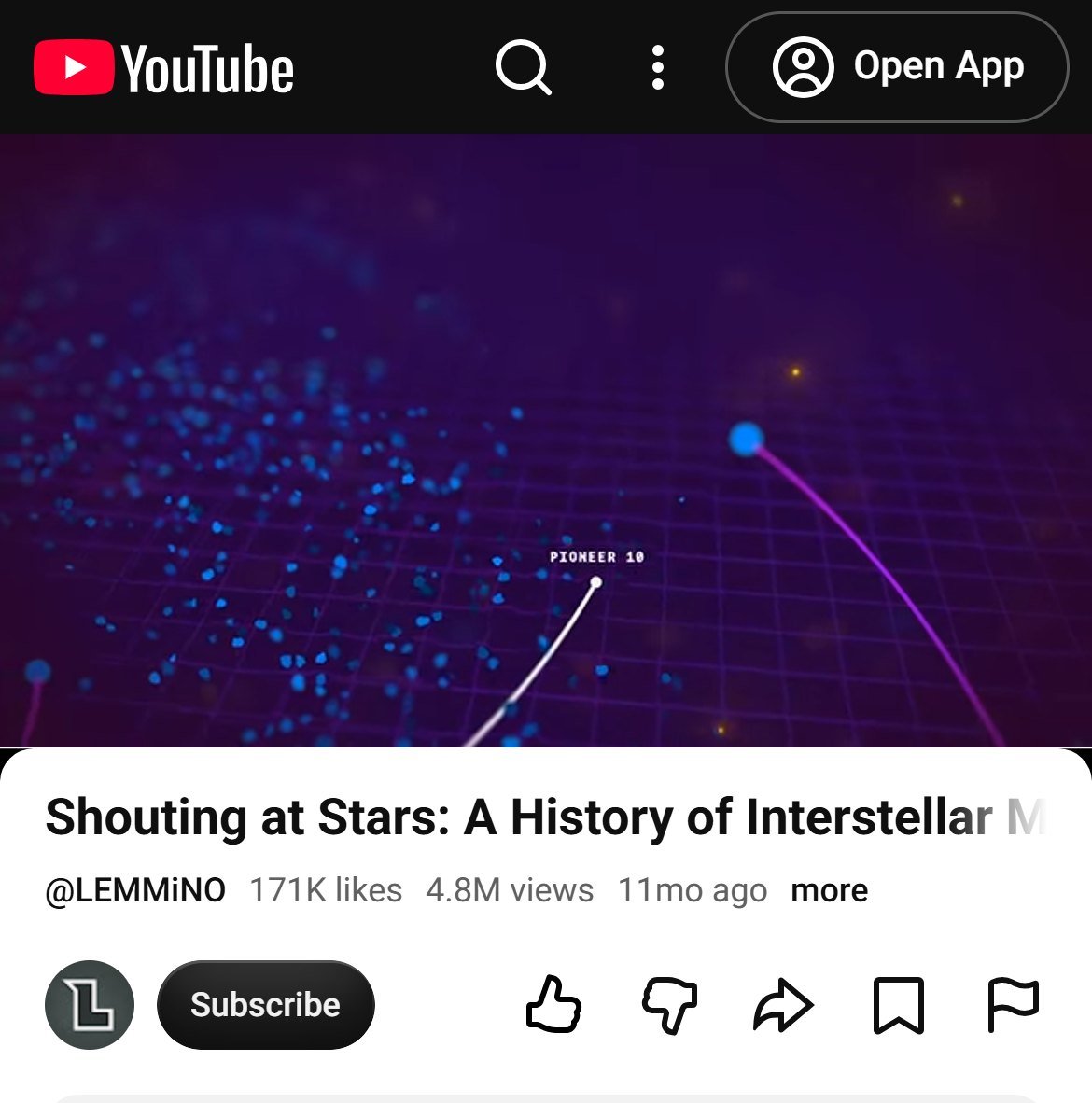LEMMiNO video Shouting at Stars: A History of Interstellar Messages on YouTube, 4.8 million views, paused on the path of the Pioneer 10 probe through space