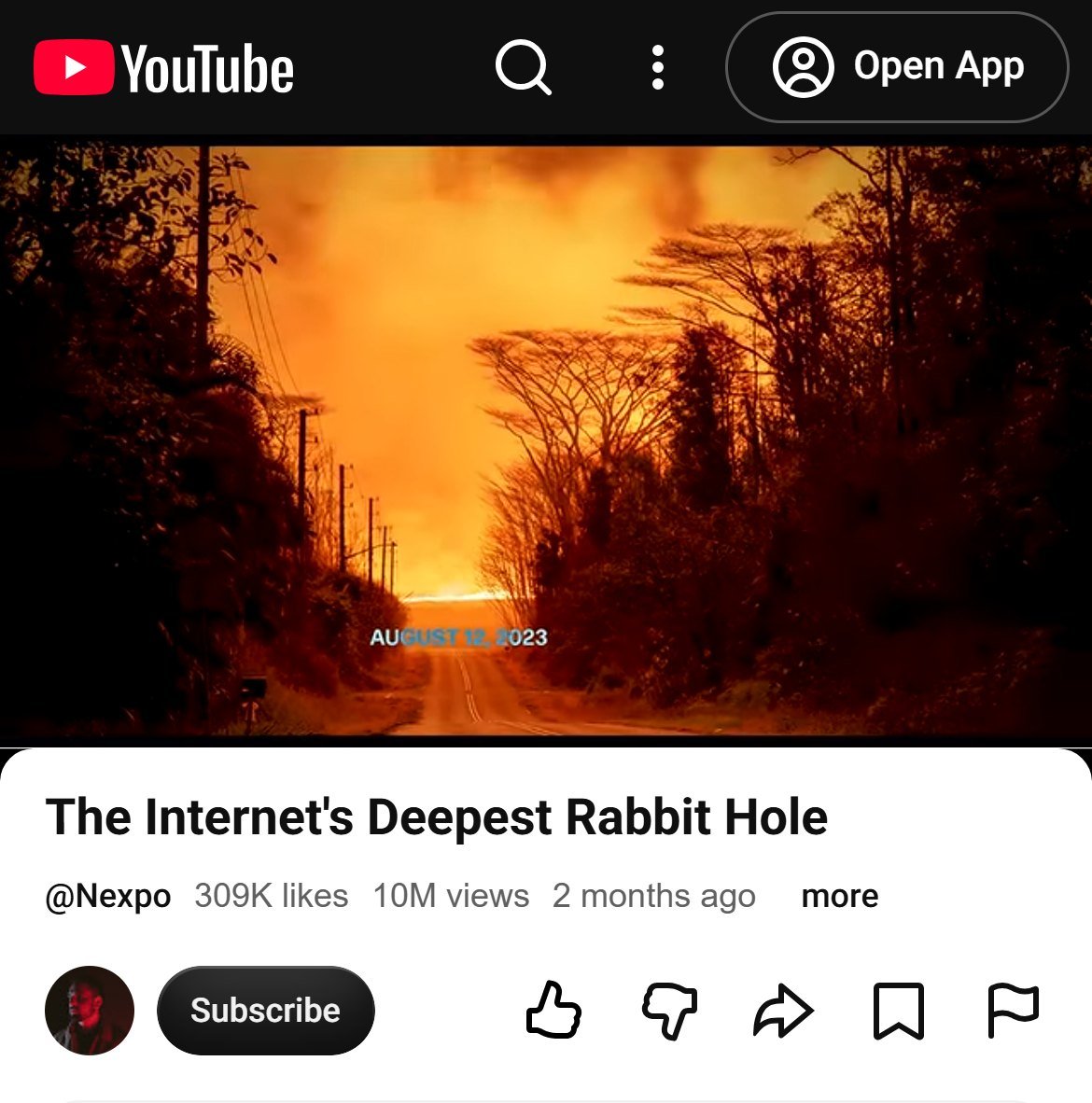 Nexpo video The Internet's Deepest Rabbit Hole on YouTube, 10 million views, paused on a wildfire over a road with the date August 12, 2023
