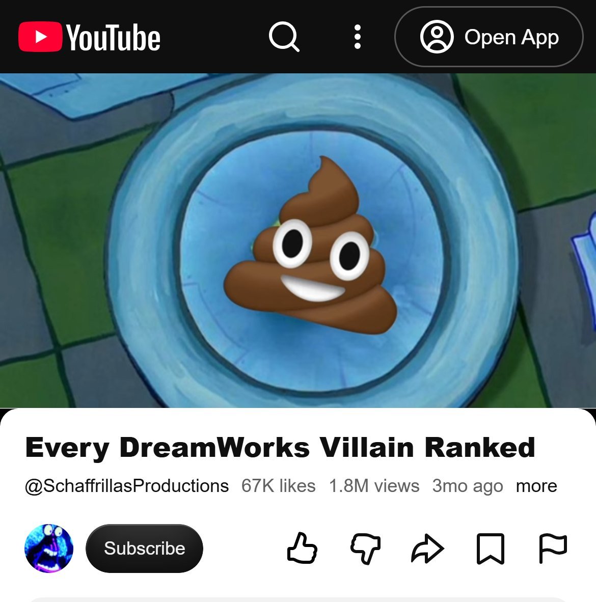 Schaffrillas Productions video Every DreamWorks Villain Ranked on YouTube, 1.8 million views, paused on a cartoon frame with a smiling poop emoji