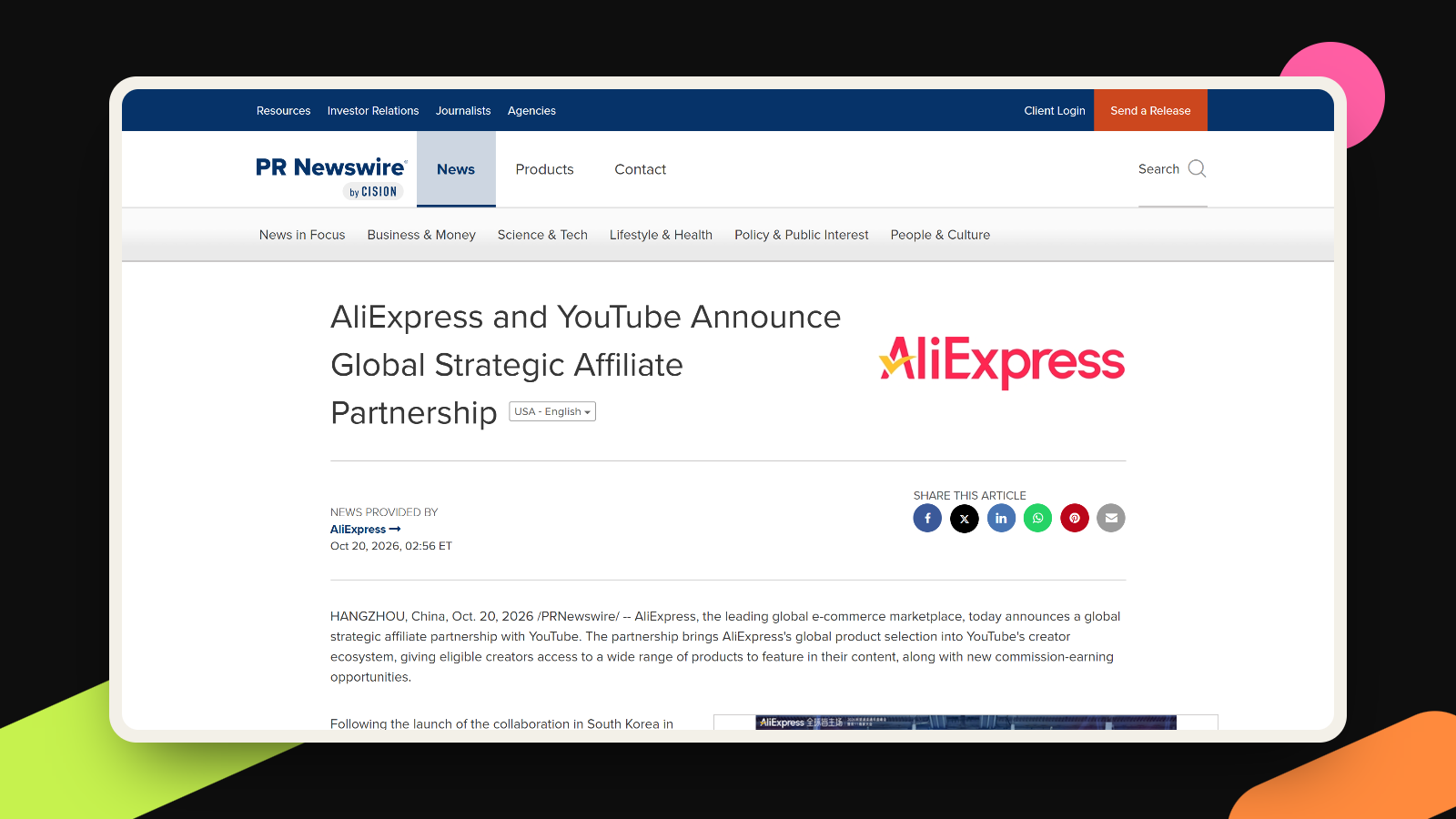 Screenshot of the PR Newswire release AliExpress and YouTube Announce Global Strategic Affiliate Partnership, dated October 20, 2026.