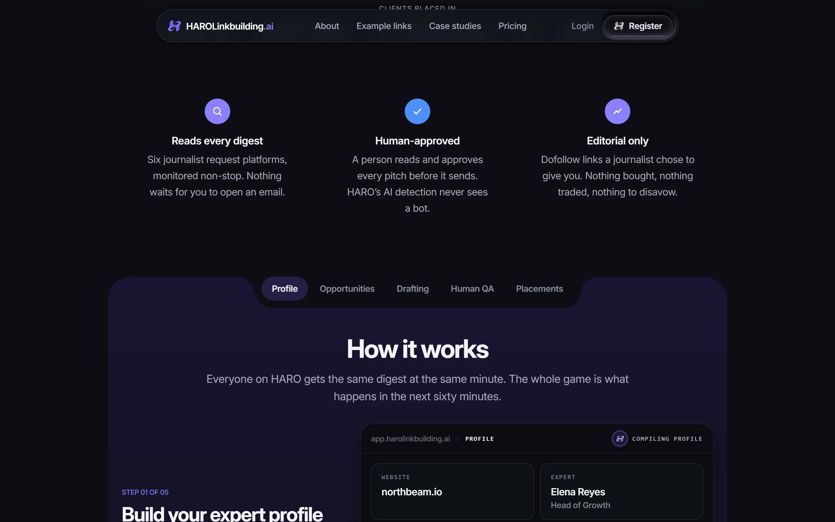 The how-it-works section of harolinkbuilding.ai, showing the expert profile step beside a product screen