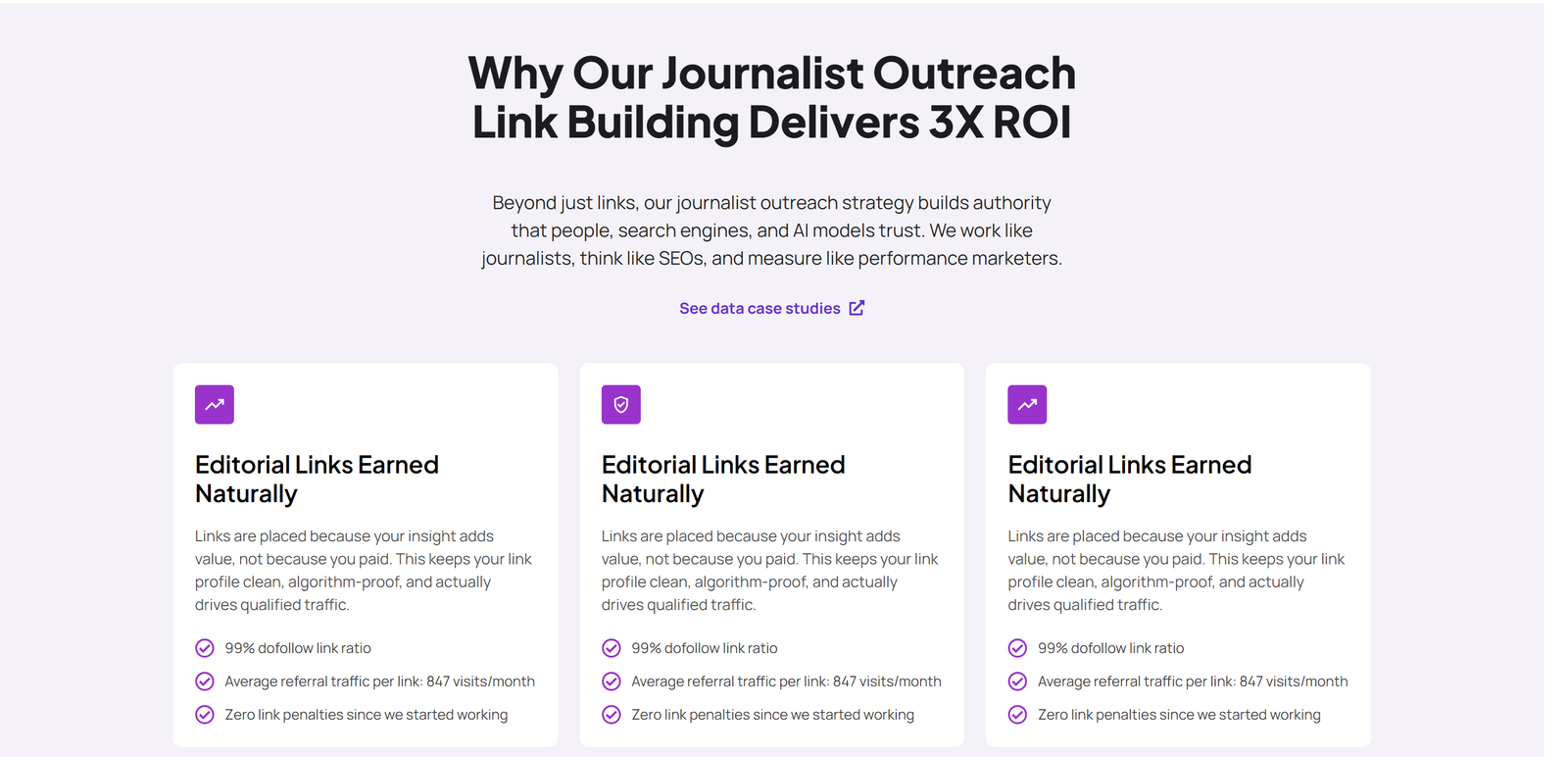 Journalist Outreach ROI cards section