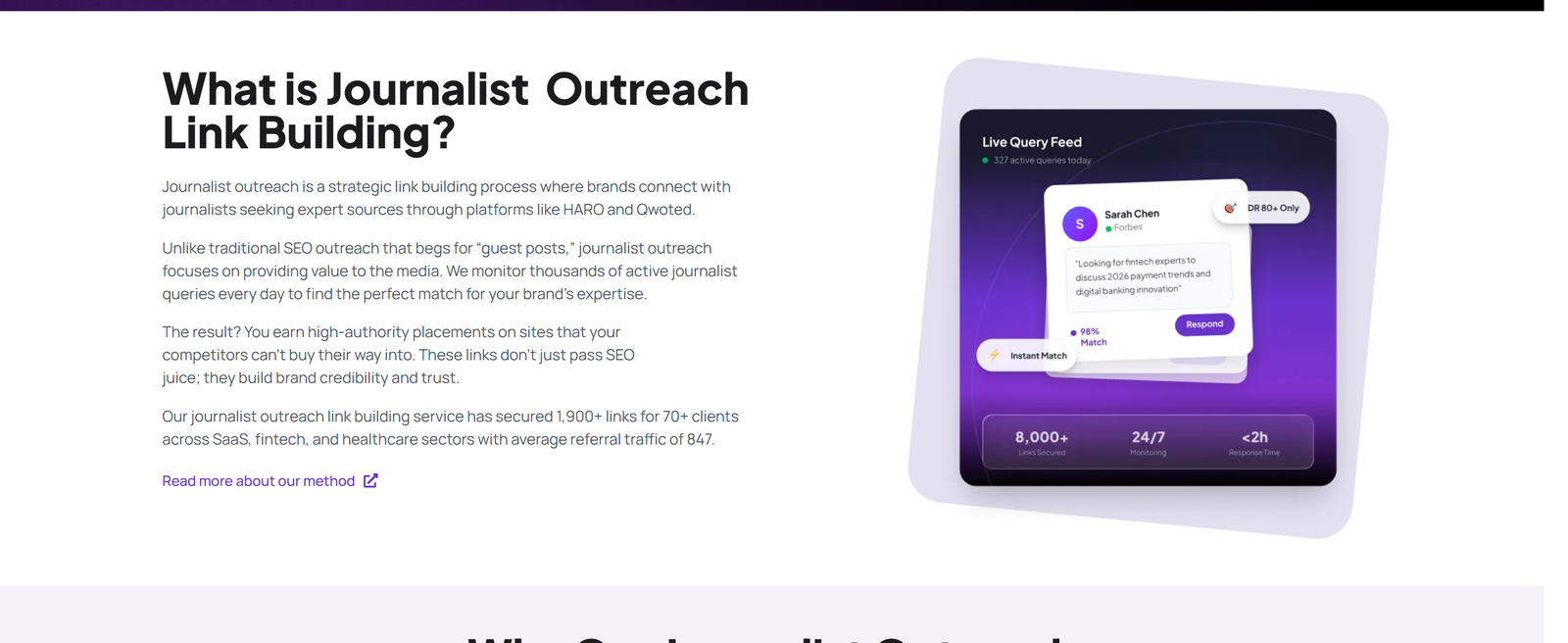 Journalist Outreach explainer section with live query feed card