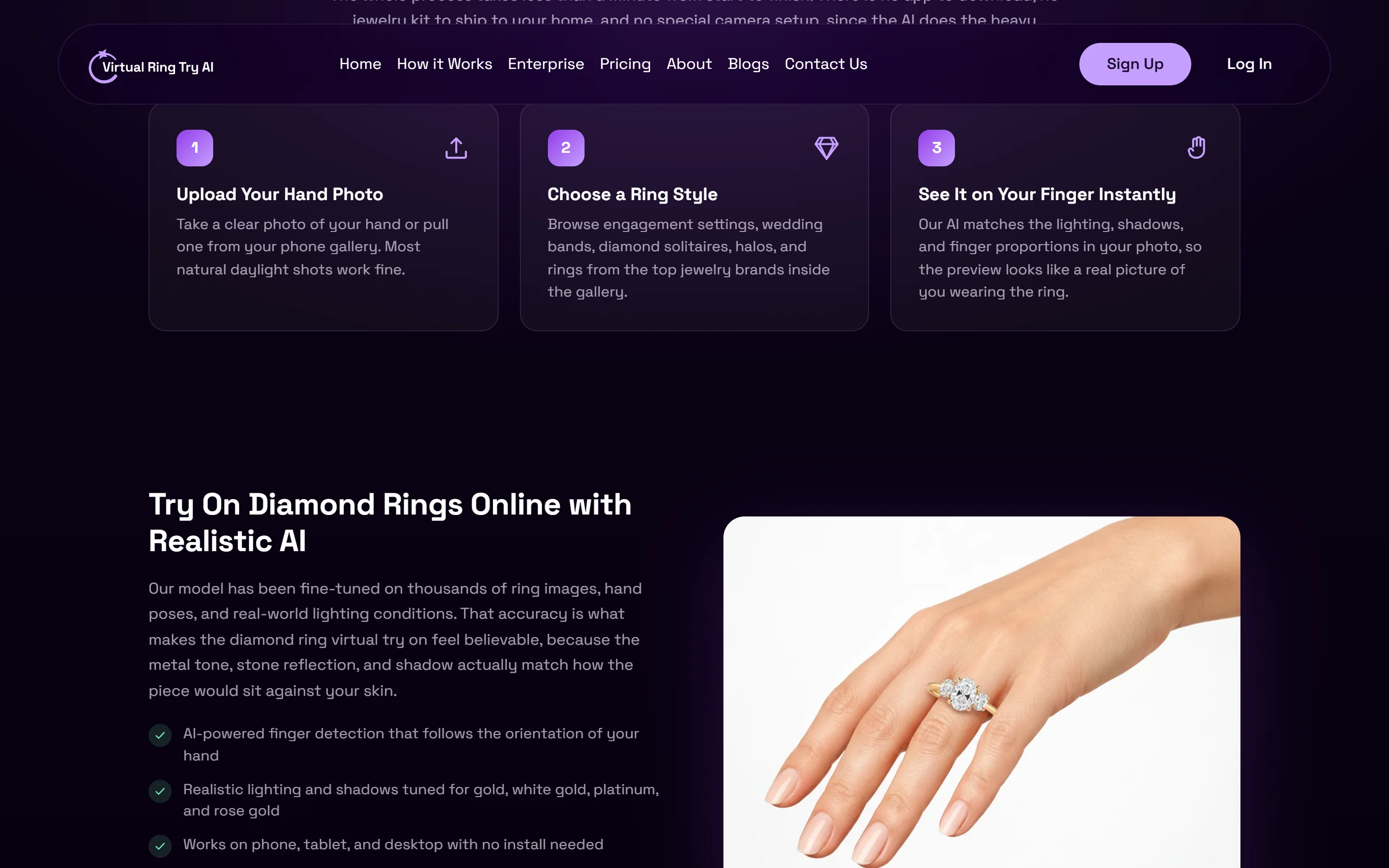 Three steps to try a ring on, followed by the diamond ring section with a hand wearing a three-stone ring