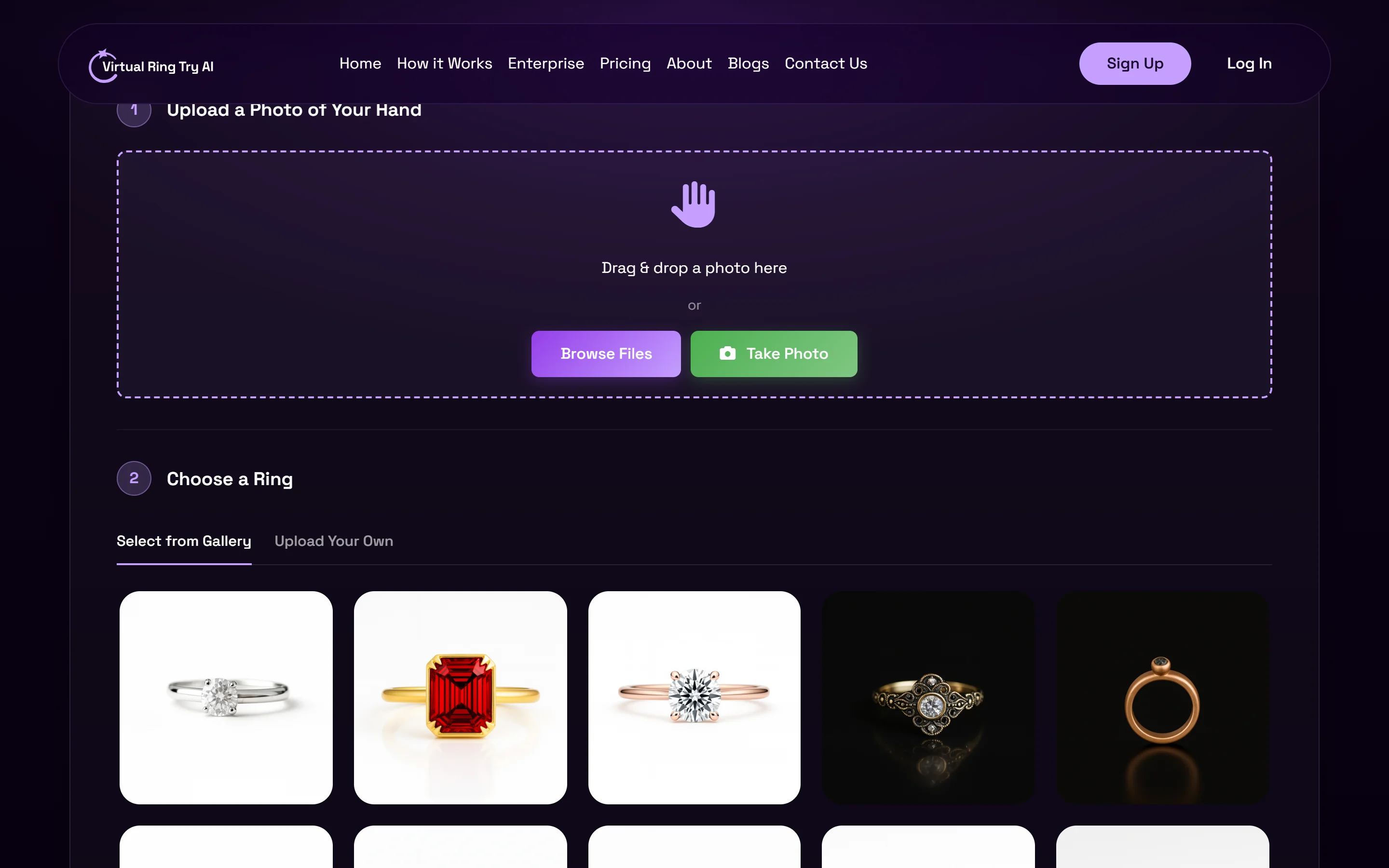 The ringtryon.com try-on tool: a drop zone to upload a hand photo, then a gallery of rings to choose from