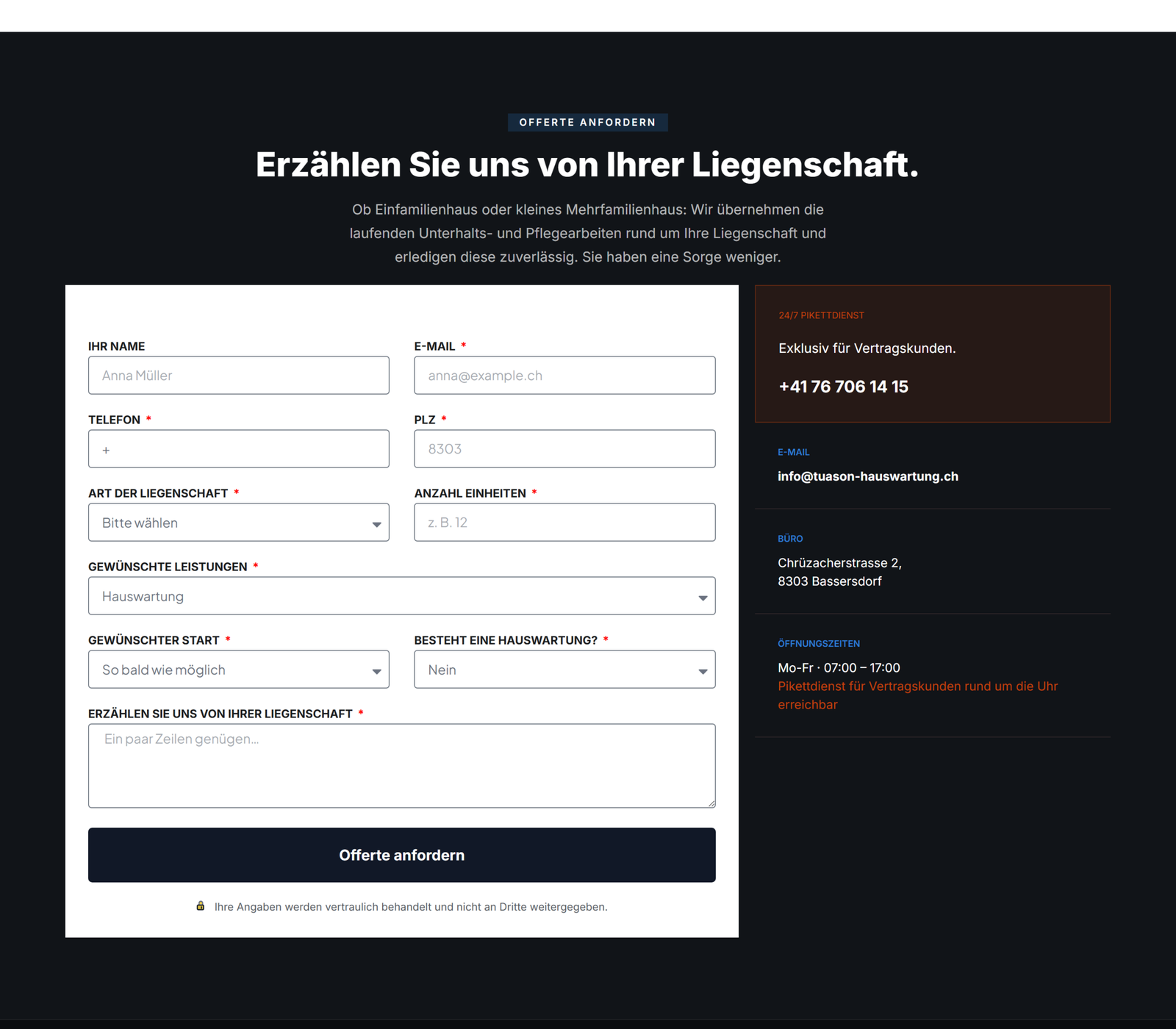 The quote request form, asking property type, unit count, services and start date